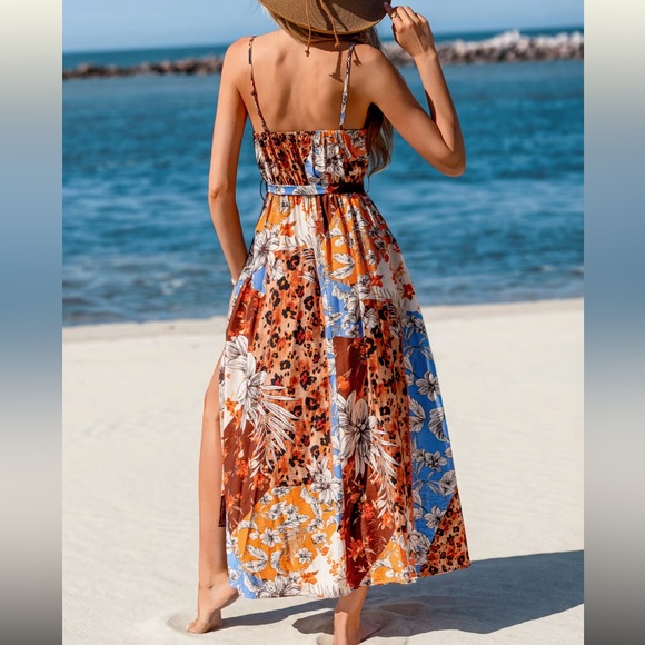 NWT SIZE M Floral patchwork Maxi Dress with Slit flowy summer beach travel - Picture 2 of 13
